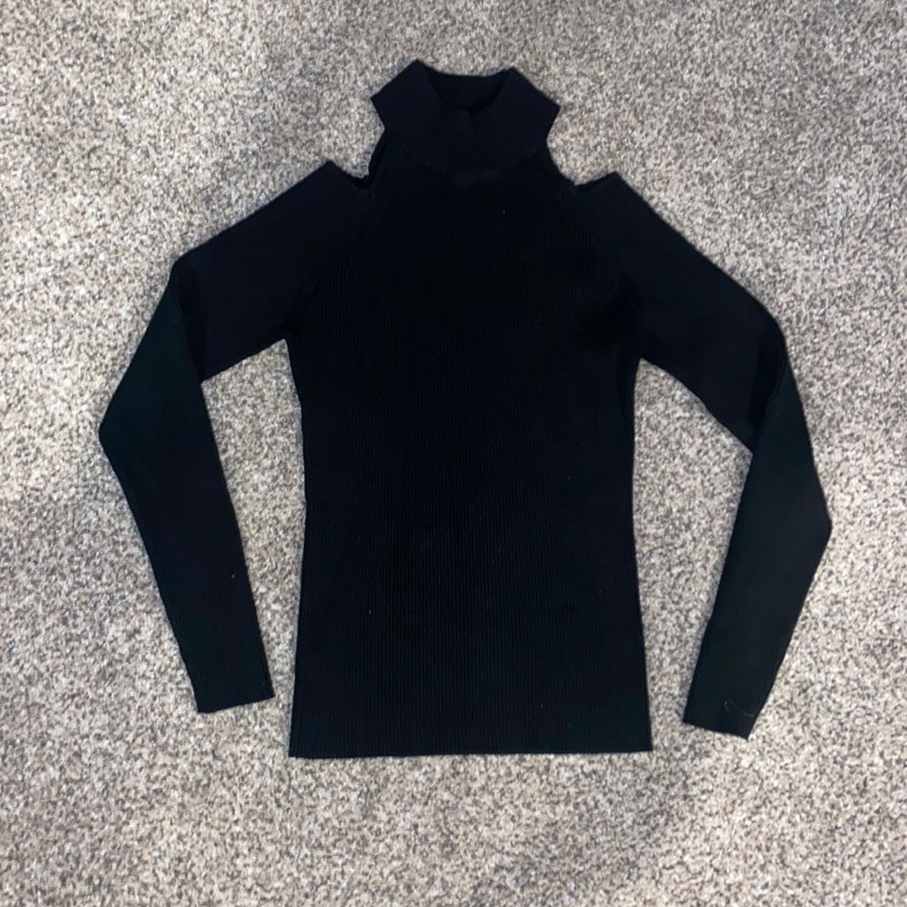 Mock neck, cold shoulder sweater